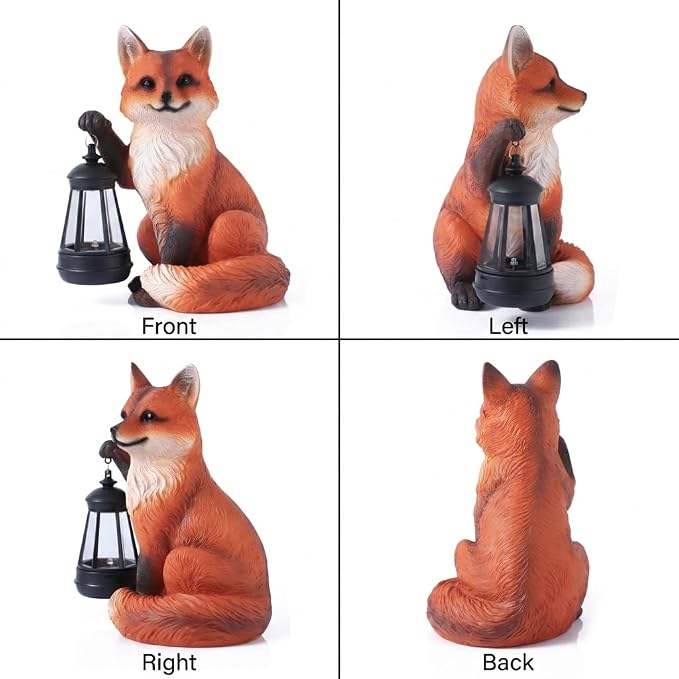 Solar Fox Garden Statue, 9 Inch Resin Animal Figurine with Lantern, Outdoor Solar Light Decor for Patio, Yard, Porch, Walkway, Lifelike Woodland Fox Sculpture for Garden Art (Red)