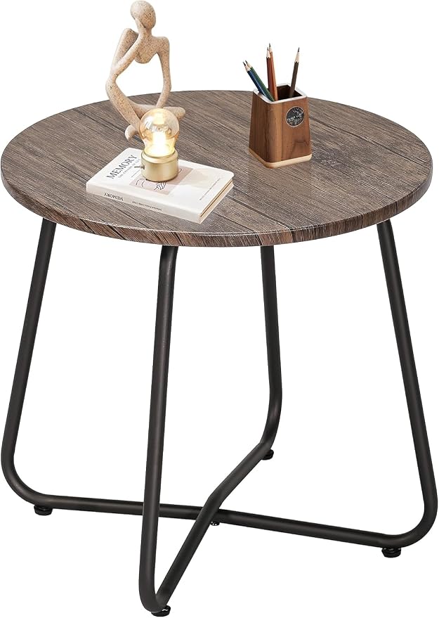 VECELO 17.7 inch Small Round Outdoor Side Table,Patio End Table,Waterproof Wood Table with Weather Resistant Steel Adjustable Feet for Living Room Bedroom Garden Yard Balcony Porch Poolside