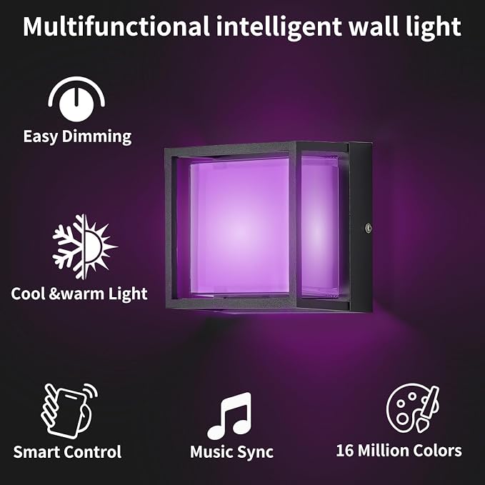 LED Smart Wall Sconce Light RGB Outside Light for House Patio,IP64 Waterproof Outdoor Wall Lights for House Patio Yards,Exterior Lights APP Control