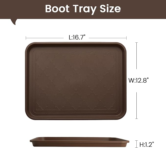 Boot Tray 2 Packs All Seasons Multi-Purpose, Waterproof Boot Trays for Entryway Indoor & Outdoor, Non-Slip Shoe Tray, 16.7"x12.8",Brown