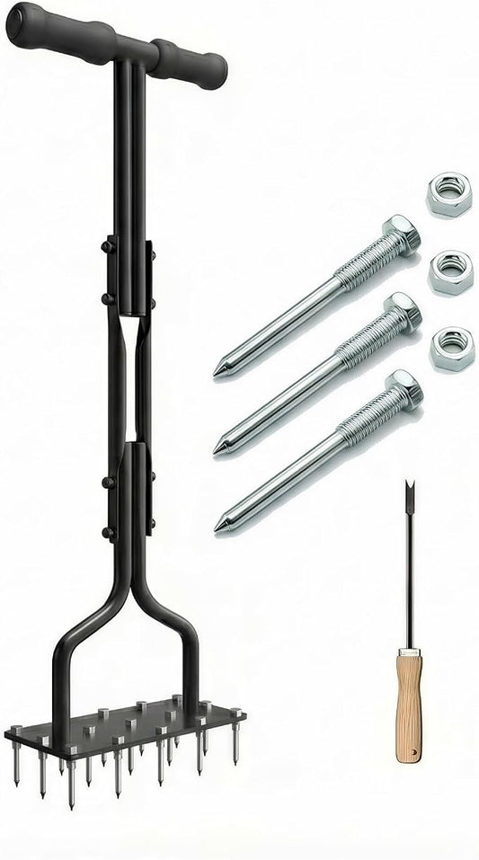 Lawn Aerator Tool with 15 Thicker Spikes, Manual Grass Aerator for Yard Care, Includes 3 Spare Spikes, Weldless U-Shaped Handle, 36 Inch(Black)