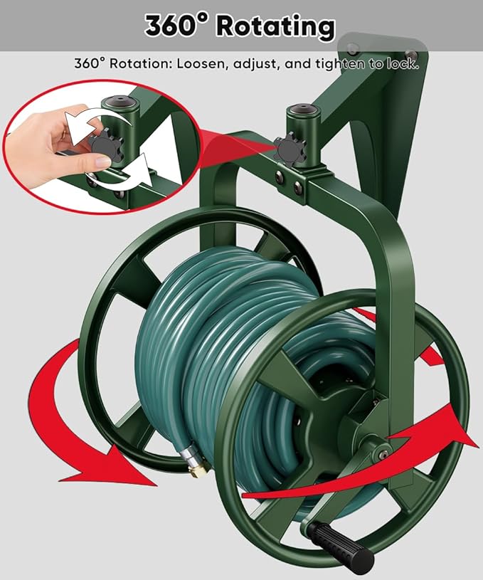 Artigarden Rotating 360° Garden Hose Reel, Wall Mounted Hose Reel Holder Holds 165ft of 5/8'' Hose, Outdoor Heavy Duty Metal Water Hose Organizer Storage Rack with 3.9ft Leader Hose for Outside, Green