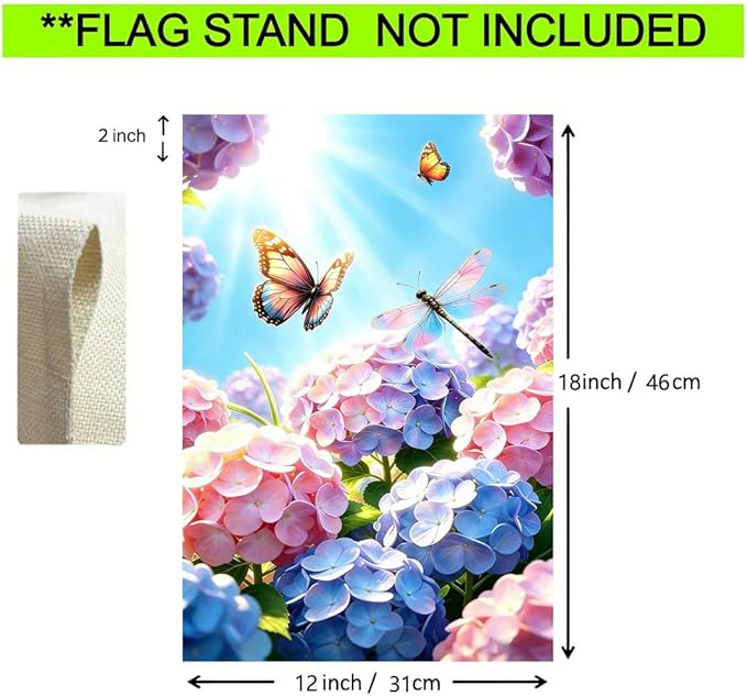 Spring Summer Hydrangea Butterfly Dragonfly Garden Flag 12x18 Double Sided, Small Burlap Seasonal Farmhouse Floral Garden Flags Summer Outdoor Decorations Yard Lawn Porch Flags for Outside Decor