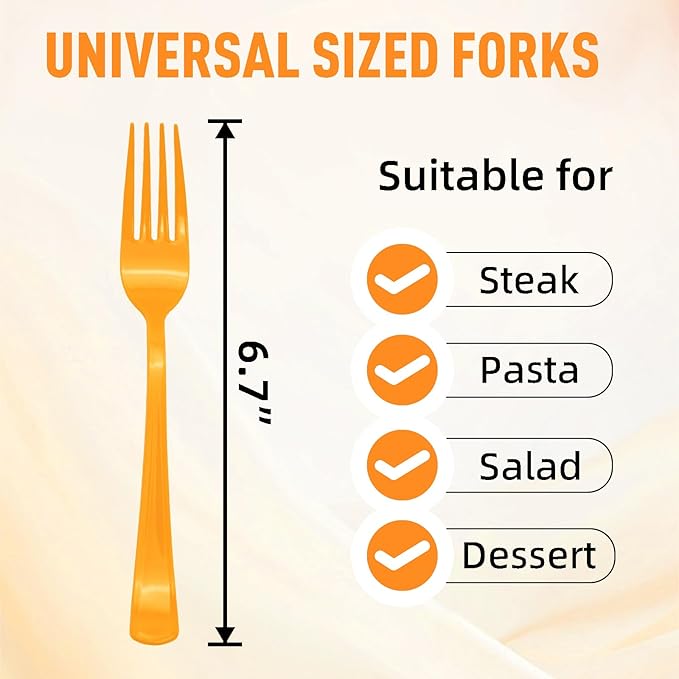 50 Pcs Orange Plastic Forks, Orange Plastic Silverware, Heavy Duty Plastic Cutlery Set Disposable Utensils Sets for Brithday, Wedding, Baby Shower, Fall Party, Halloween, Thanksgiving Day