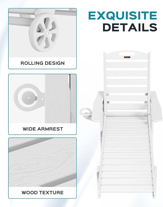 Ciokea Lounge Chair Outdoor, Oversized Chaise Lounge Chair with 5 Positions, HDPE, Patio Lounge Chair with Wheels & Cup Holder for Pool, Deck, Poolside, White