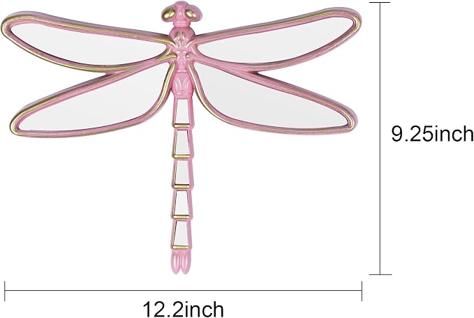 Decorative Dragonfly Wall Mirror, Plastic Frame with Mirrored Wings (12.4 x 9.3 inches) (Pink)