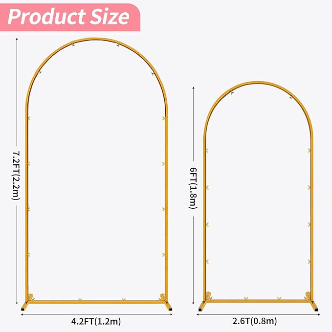 Metal Arch Backdrop Stand Set of 2 Gold Wedding Arch Stand 7.2FT & 6FT Arched Backdrop Frame for Birthday Party Anniversary Engagement Anniversary Bridal Valentine Party Event Decoration