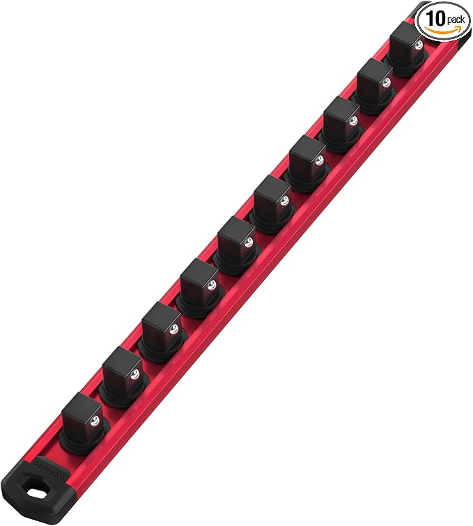 WORKPRO Magnetic Socket Organizer, 1/2-Inch Drive Aluminum Alloy Sockets Rail, Heavy Duty Sockets Holder, Socket Rack Kit 1/2-Inch x 10 Clips (Red)