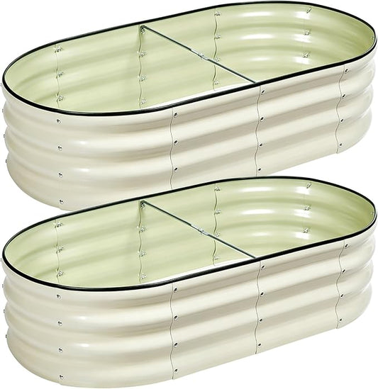 2 PCS Galvanized Raised Garden Bed 4x2x1 Ft, Oval Metal Outdoor Planter Box Kit with Safety Rubber Edge, Easy Assemble Bottomless Large Planting Container for Vegetable, Flower, Fruit, White