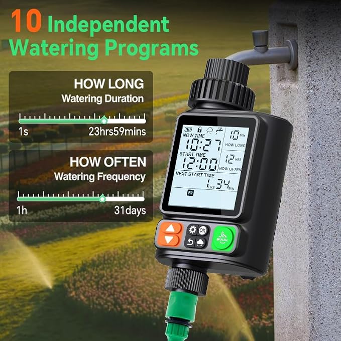 Sprinkler Timer for Garden Hose, Upgrade 10 Programmable Water Timer with Auto Rain Delay, IP54 Waterproof 3.3“ Large LCD Drip Irrigation System Timers for Plant, Yard, Lawns, Outdoor
