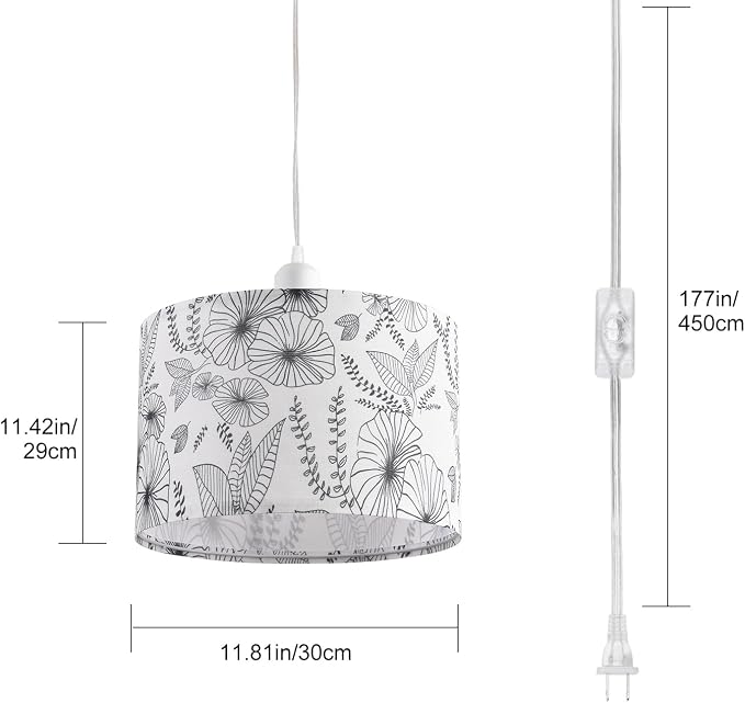 2 Pack Plug in Pendant Light, Hanging Light with 15Ft Clear Cord, On/Off Switch, Flower Fabric Lamp Shade, Hanging Light Fixture for Bedroom, Kitchen, Living Room, Dining Table