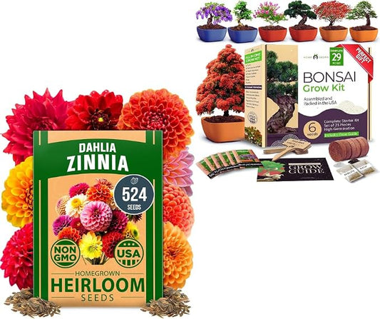 HOME GROWN 𝗨𝗦𝗔 𝗣𝗥𝗘𝗠𝗜𝗨𝗠 Zinnia Dahlia Seeds 524 & HOME GROWN 𝗨𝗦𝗔 Bonsai Tree Kit – 6 Heirloom