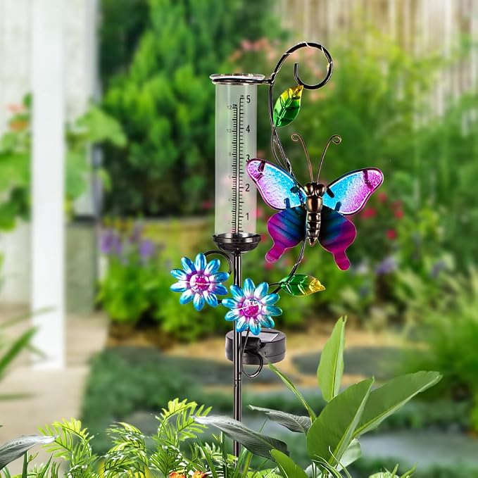 Butterfly Rain Gauge with 5 Inch Glass Tube, Solar Rain Gauge with LED Lights Rain Water Gauge Decor for Patio, Garden Yard, Measuring Precipitation