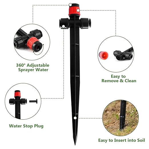 Kalolary Drip Irrigation Emitters, 30pcs Adjustable 360 Degree Water Flow Emitters for 1/4" Tubing, Two-Way Connection Irrigation Drippers for Garden, Lawn, and Greenhouse Watering Systems(Red)