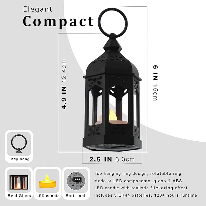 Mini Moroccan Lanterns with Flicker LED Candles Set of 12, Black Vintage Decorative Hanging Lanterns for Ramadan Decorations, Christmas, Halloween, Wedding Decor, Party, Table Centerpiece