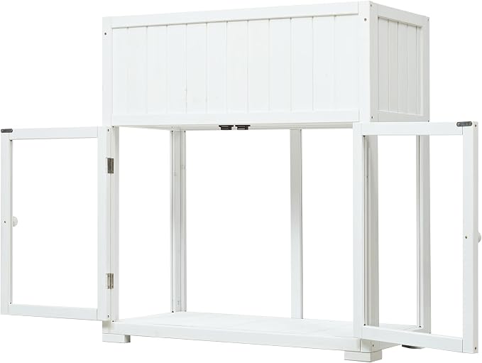 Merax Raised Garden Bed with Leg, Potting Bench with Wheels Outdoor Garden Work Bench Station Planting Solid Wood Construction for Horticulture w/Storage Cabinet, White