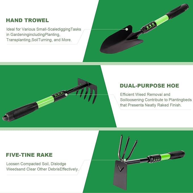 Garden Shovel, 3 Pack Lightweight Heavy Duty Spade Shovel, Garden Tools and Hand Rake with Soft Rubber Non-Slip Handle, for Gardenging Planting Weeding Digging, Green ﻿