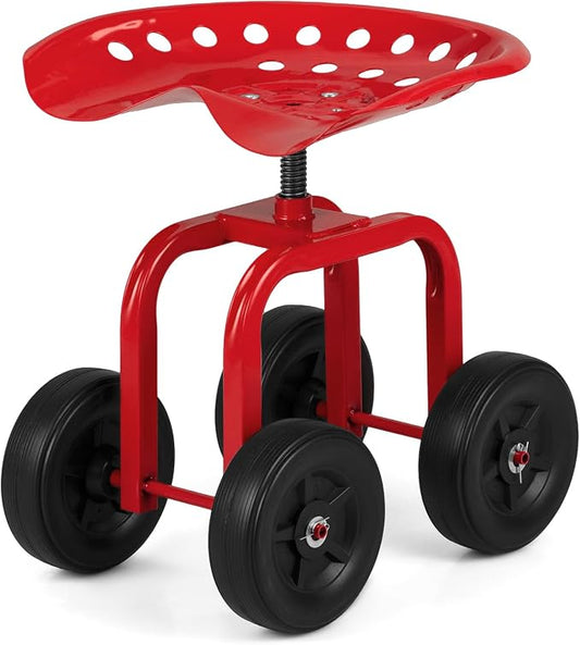 Giantex Garden Cart, Rolling Workseat with 4 Wheels, Garden Stool 360° Swivel Work Seat & Adjustable Height, Heavy Duty Wagon Scooter for Gardening for Patio Garden, Lawn, Yard (Red)