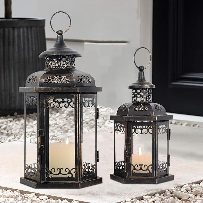 Large Lantern Decorative Outdoor & Indoor, Set of 2 (15’’&11’’) Metal Candle Lanterns Decor, Vintage Hanging Candle Holder for Front Porch Patio Wedding Farmhouse Home, Spring Decoration