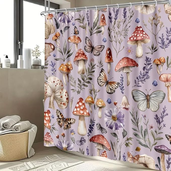 Purple Cute Musrhoom Shower Curtain, Rustic Boho Floral Fabric Shower Curtains for Bathroom, Vintage Chic Wildflower Butterfly Cloth Fairy Witchy Botanical Shower Curtain Set with Hooks 72X72 Inch