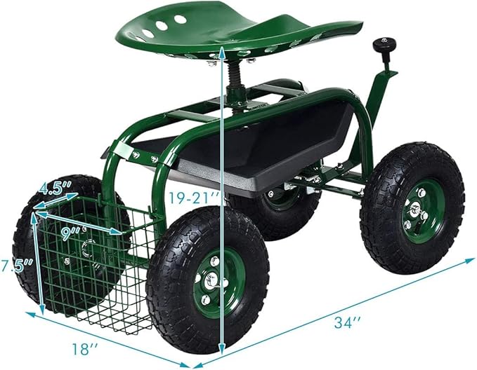 Goplus Garden Seat with Wheels, Rolling Garden Cart with 360 Degree Swivel Seat for Planting, Gardening Stool w/Tool Tray, Basket, Gardening Chair Workseat, Patio Wagon Scooter for Seniors