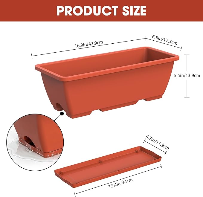 Rectangle Planters Box, 4 Pack Deck Hanging Planters for Railings, Window Box Planter with Drainage Holes & Trays, 16.9 Inch Balcony Planters Railing Hanging with Metal Brackets, Red