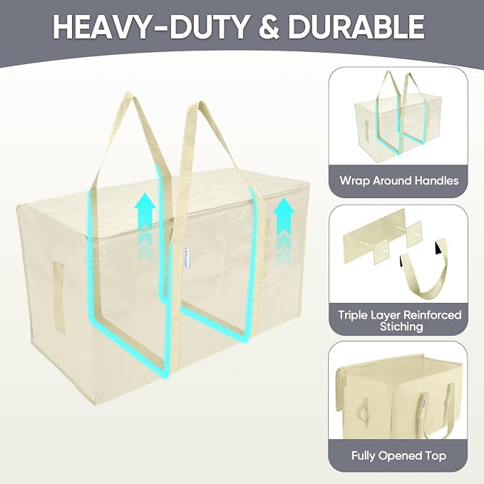 TICONN 4 Pack Extra Large Moving Bags Heavy Duty with Zippers & Carrying Handles, Durable Storage Bags Moving Boxes for Closet Organizers and Storage (4 Pack, Cream)