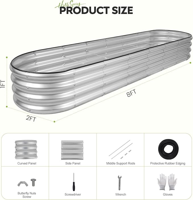 Galvanized Raised Garden Bed 2 Pack, 8x2x1ft Oval Metal Planter Box Outdoor with Support Rods & Corner Protection, Planter Beds for Vegetables, Fruits, Flowers (Silver)