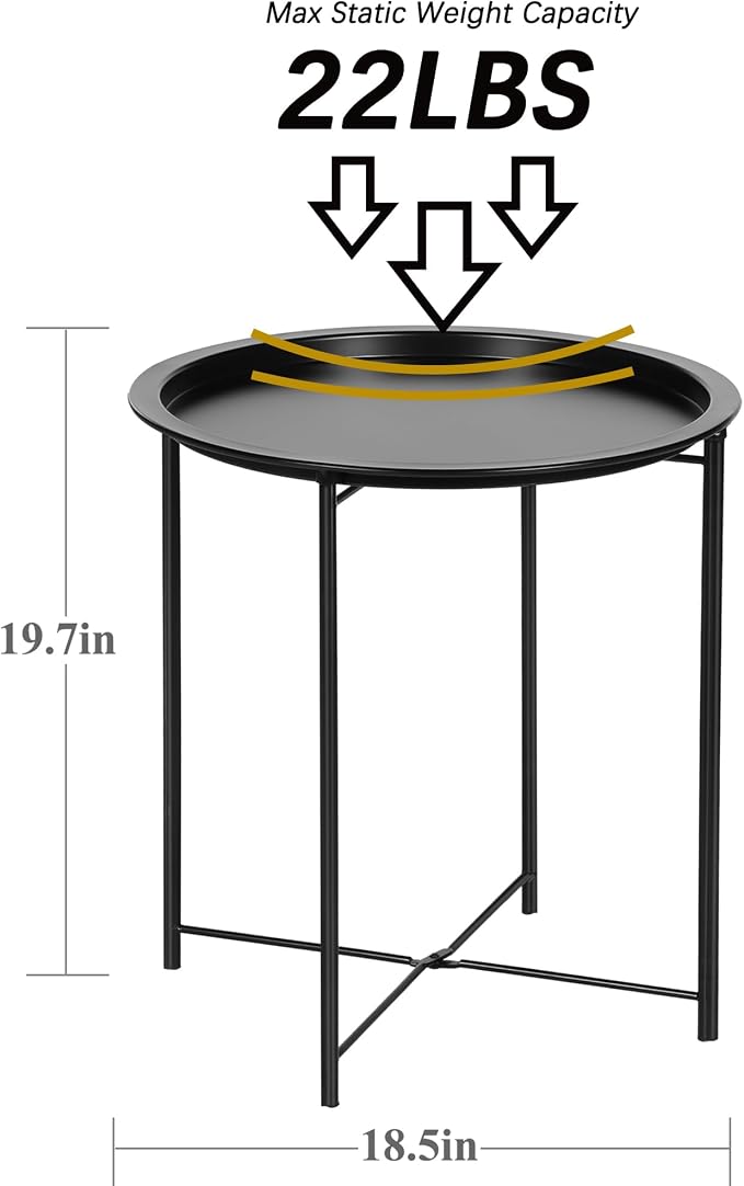 VECELO Side/End Table, Folding Round Metal Anti-Rust and Waterproof Outdoor or Indoor Tray for Living Room Bedroom Balcony and Office, 2 PCS, Black