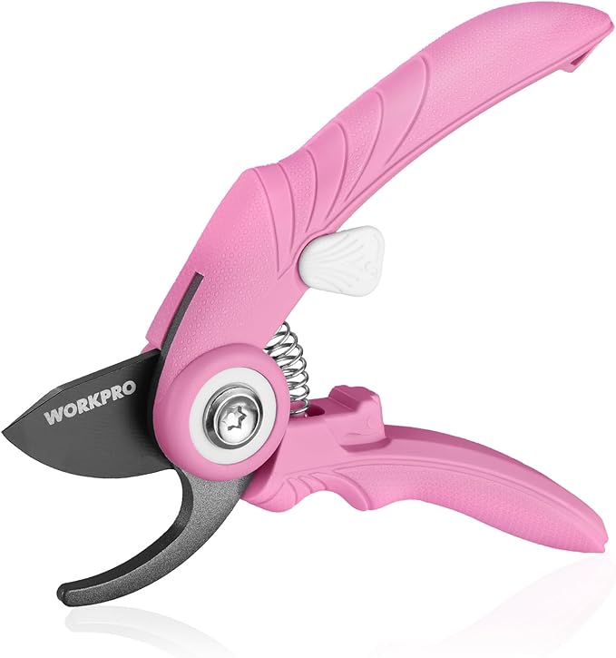 WORKPRO 6.9" Bypass Pruning Shears, Garden Shears with Sharp SK5 Steel Blade, Handheld Garden Floral Clippers Gardening Scissors for Rose, Plants, Flowers, Gardening Gifts for Women & Men-Pink Ribbon