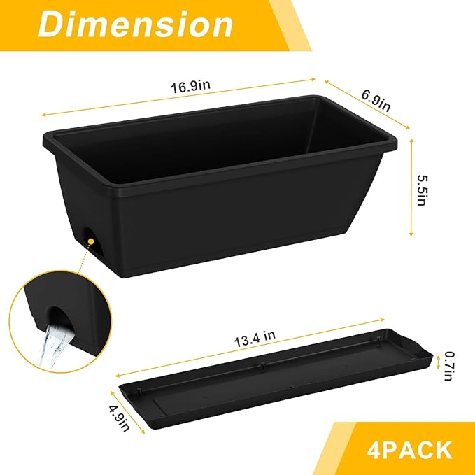 Balcony Planters Railing Hanging, Deck Railings Planter Boxes 16.9in, Railing Planter Box, Deck Planters for Railings, Railing Flower Box with Metal Brackets, Black (4Pcs)