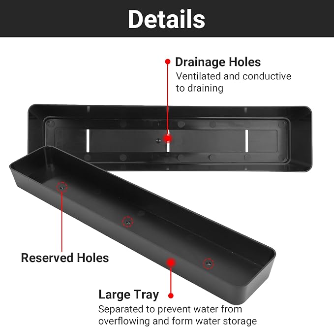 GREANER 16x3.8 Inch Herb Window Boxes 1PCS, Black Planter with Removable Trays and Drainage Holes, Succulent Flower Rectangular Plastic Pot for Balcony, Office, Windowsill, Garden, Indoor Outdoor Use