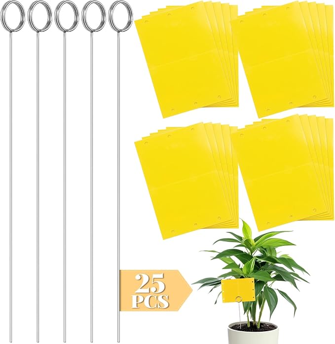 50 Pcs 12 Inch Dual-Sided Yellow Fruit Fly Traps Kit Includes 25 Sticky Cards and 25 Silver Long Wire Holders Effective Insect Gnat Trap Killer for Garden Plant Indoor Pest Control Fungus Gnats