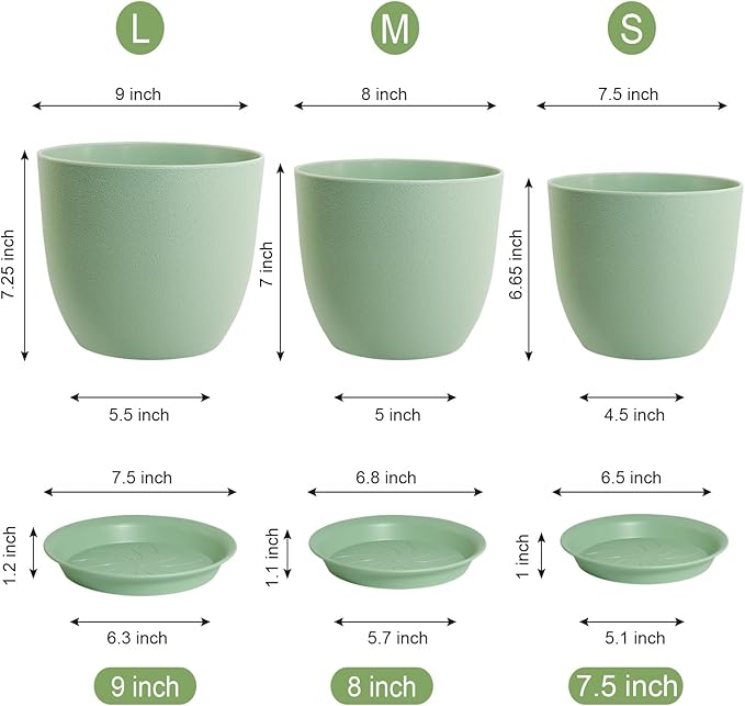 WSMKSZ Flower Pots 9/8/7.5 inch, Plant Pots for Indoor Outdoor Plants, Set of 3 Modern Decorative Plastic Planters with Drainage Holes and Saucers for Garden Porch House Plants, Green
