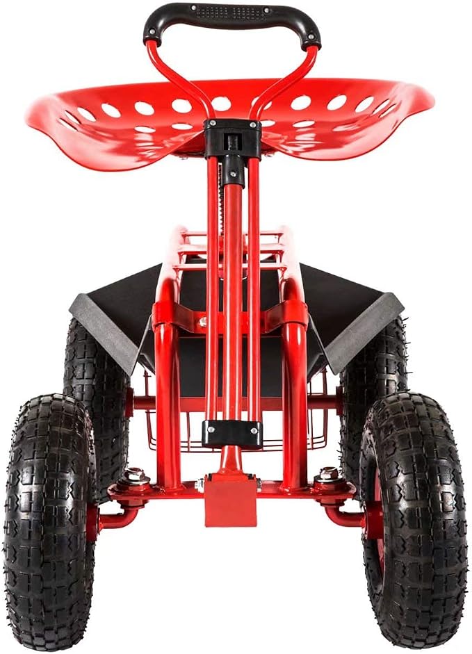 Garden Cart Rolling Work Seat 4-Wheel Mobile Patio Wagon Scooter for Planting, Adjustable Handle 360 Degree Swivel Seat, Red