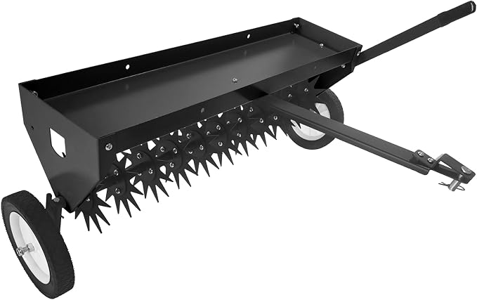 GarveeLife 40 Inch Tow Behind Aerator, Aerator Lawn Tool with Universal Hitch, Adjustable Handle, Transport Wheels, Lawn Aerator Compatible with Tractors for Garden, Farm and Lawn, Black