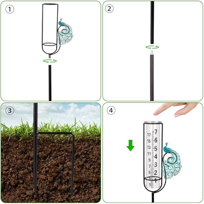 Stargarden Rain Gauge, Outdoor Peacock Rain Gauge, 7 Inch Tube Rain Measure Tool for Yard, Lawn, Garden Decor
