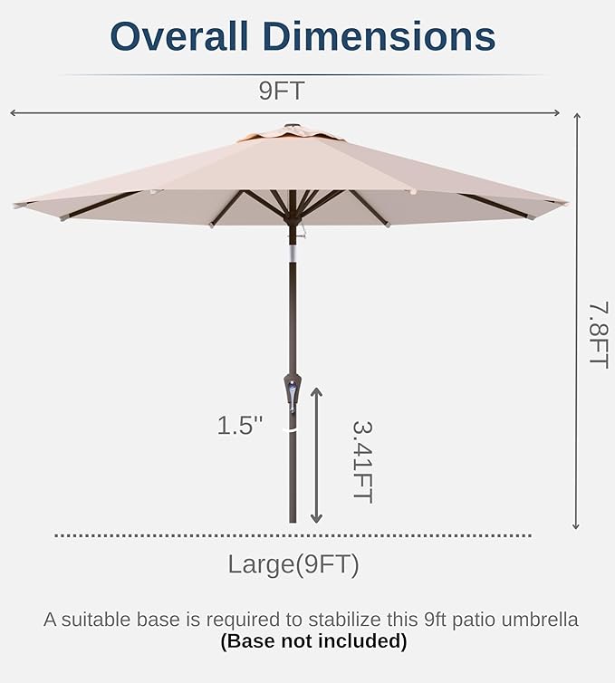 9FT Auto-Tilt Patio Umbrella|Outdoor Market Table Umbrella with 8 Fiberglass Ribs for Pool,Deck&Backyard