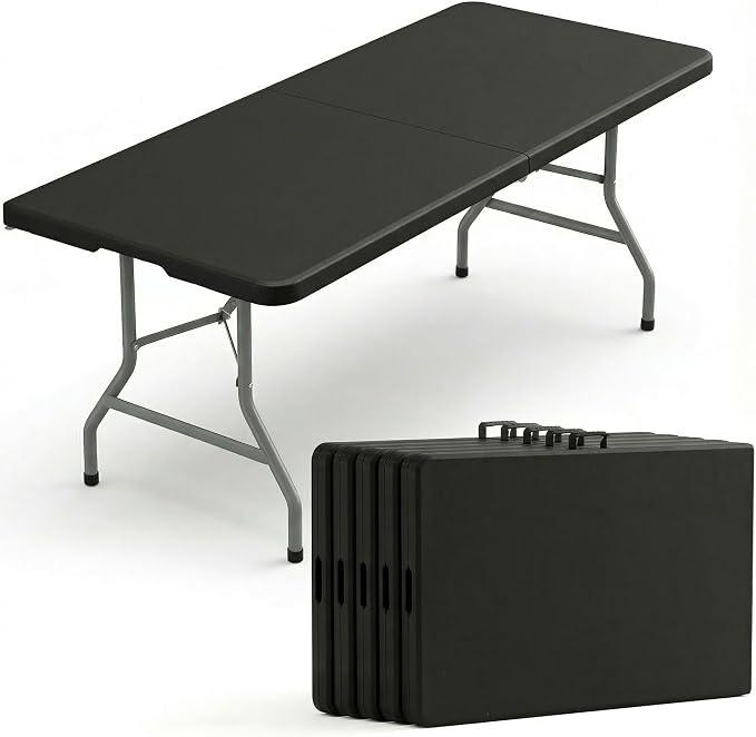 5 Pack of 6 Foot Foldable Table with Built in Handle & Steel Legs, 6FT Portable Heavy Duty Plastic Folding Tables for Parties, Dining, Wedding, Events, Picnic, Indoor & Outdoor, Camping, Utility