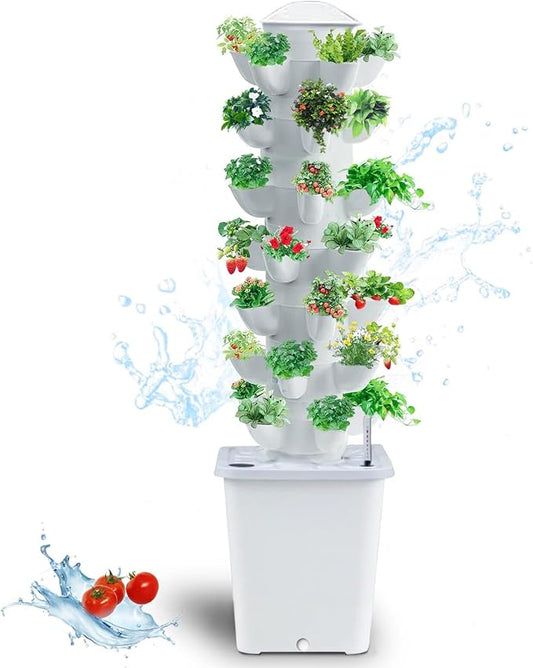Hydroponics Tower Indoor Growing System Vertical Garden Planter Indoor Smart Garden Kit with Pump and Movable Water Tank Vegetable Plant Gift for Gardening Lover 35-Plants(White)