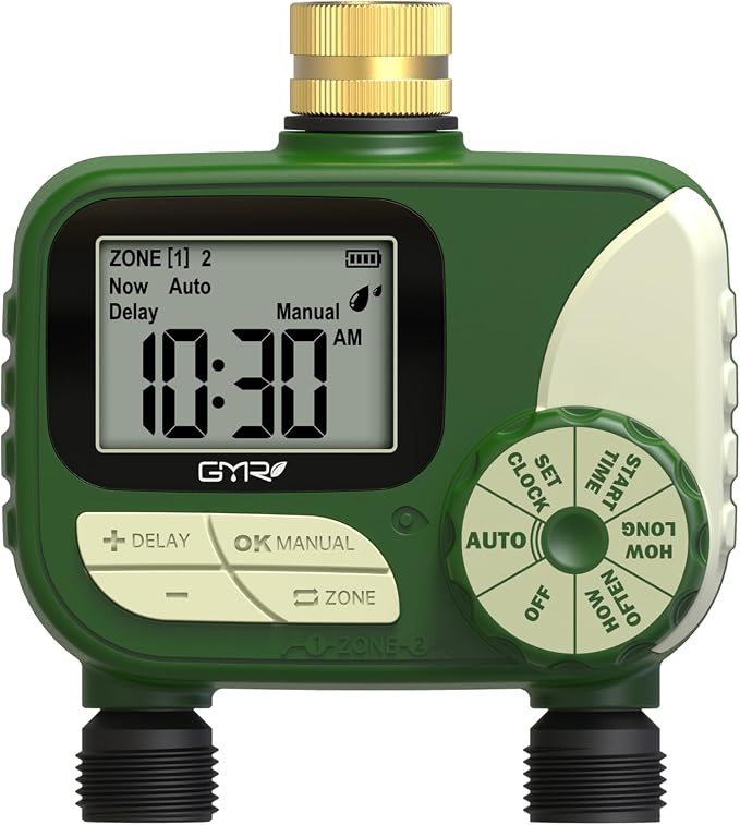 GMR Hose Timers for Watering, Sprinkler Timer Outdoor with Brass Inlet, Water Timer for Garden Hose with Rain Delay/Manual/Auto Irrigation System, Programmable Garden Hose Timer for Yard, 2 Outlet