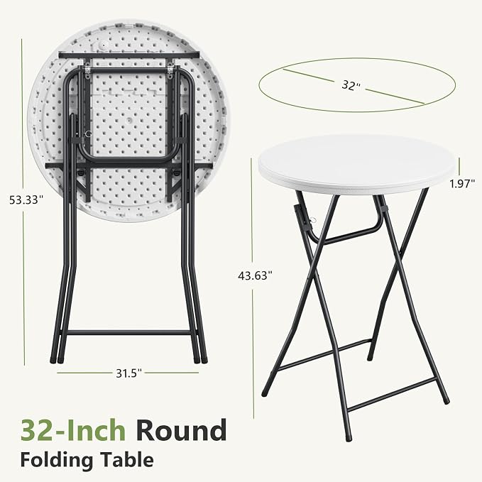 Folding Table 2 Pack, 32 Inch Foldable Cocktail Bar, High Top Round Folding Bar Tables No Assembly, Portable Bistro & Commercial Event Furniture for Wedding, Banquet, Party, Indoor Outdoor Use