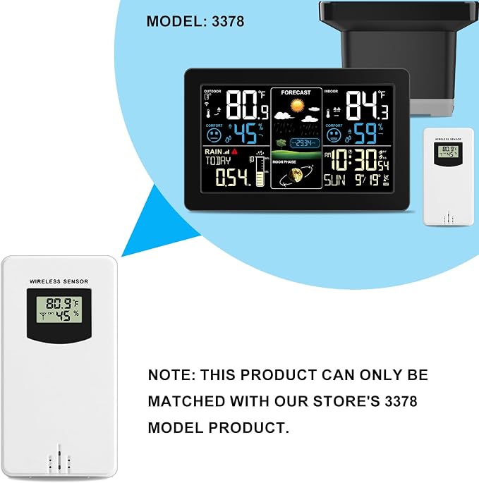 Digital Indoor Outdoor Wireless Remote Sensor, Temperature and Humidity Meters, Sutible for Weather Station with Rain Gauge (3378R)