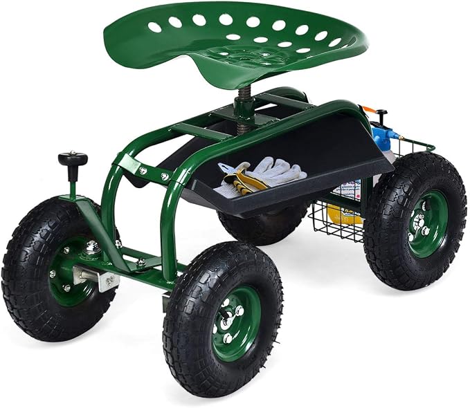 Giantex Garden Cart with Seat, Rolling Garden Seat with Wheels, Tools Basket, 360 Swivel Gardening Workseat, Adjustable Height, Wagon Scooter for Patio Lawn Yard, Outdoor Steerable Stool (Green)