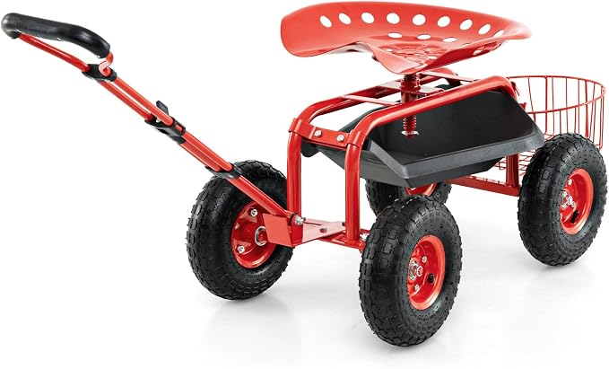IRONMAX Garden Cart with Seat, Gardening Rolling Stool Scooter with 10’’ All-Terrain Wheels, Adjustable Steering Handle, Tool Tray and Basket, Outdoor Work Seat for Planting (Red)