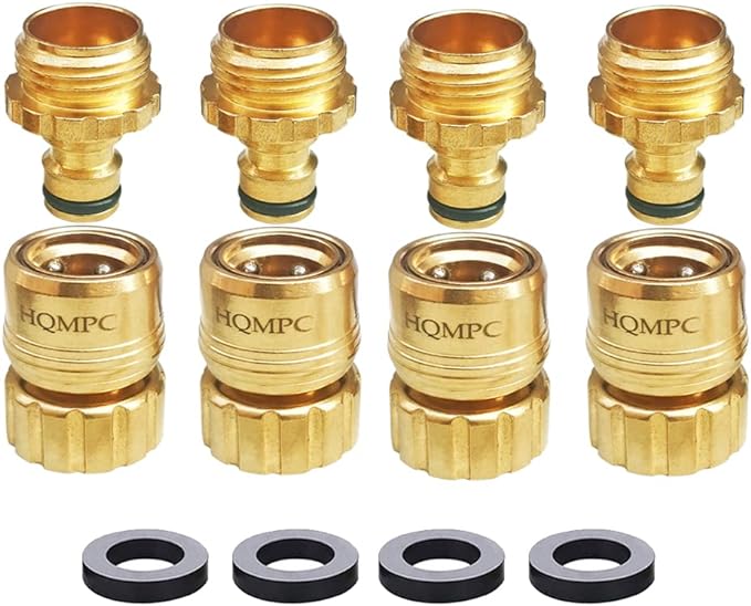HQMPC Garden Hose Quick Connect No Pb Brass Hose Quick Connect Quick Connect Hose Fittings Water Hose Connectors 3/4" GHT (4SETS)