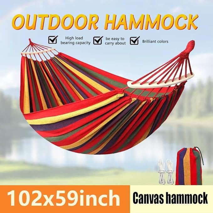 Cotton Canvas Hammock, Comfortable Fabric Camping Hammock with Tree Straps, Up to 440lbs with Travel Bag for Camping Outdoor/Indoor Patio Backyard(Red, with bar)