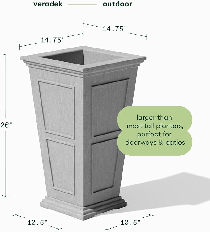 Veradek Brixton Series Tall Planter - Large Outdoor Planter for Front Porch/Patio | Crack-Resistant Plastic for All-Weather Use | Classic Estate Design for Tall Plants, Flowers, Trees