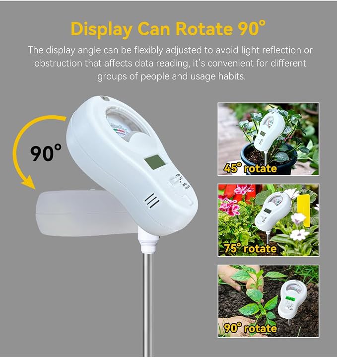 6-in-1 Soil Moisture Meter, PH Tester, Soil Moisture, Fertility, Sunshine Intensity, Temperature, Humidity, with Removable Probe for Gardens, Lawns, Farms (Including 1*AAA Batteries) (3)