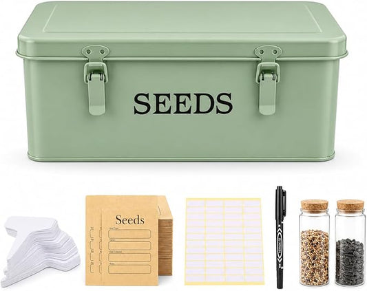 Seed Storage Box, Metal Seed Bin Seed Storage Organizer, 4 Dividers Seed Container with Safety Lock, Seed Box with Professional All-in-one Kit, Green
